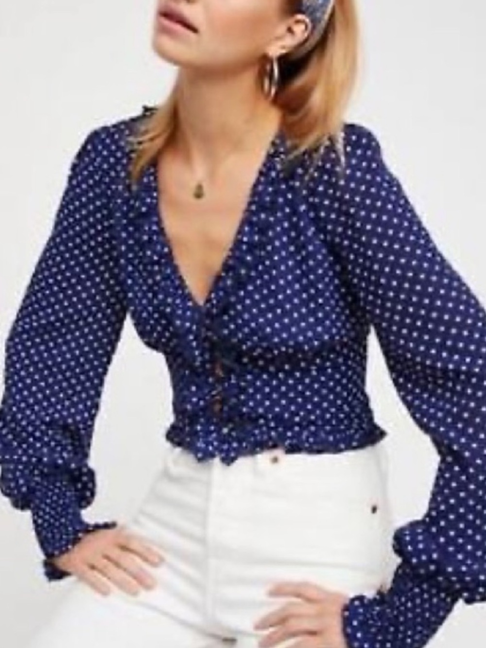 Free People Smell the Roses Polka Dot Ruffle V-Neck Blouse - Navy sz S NWOT